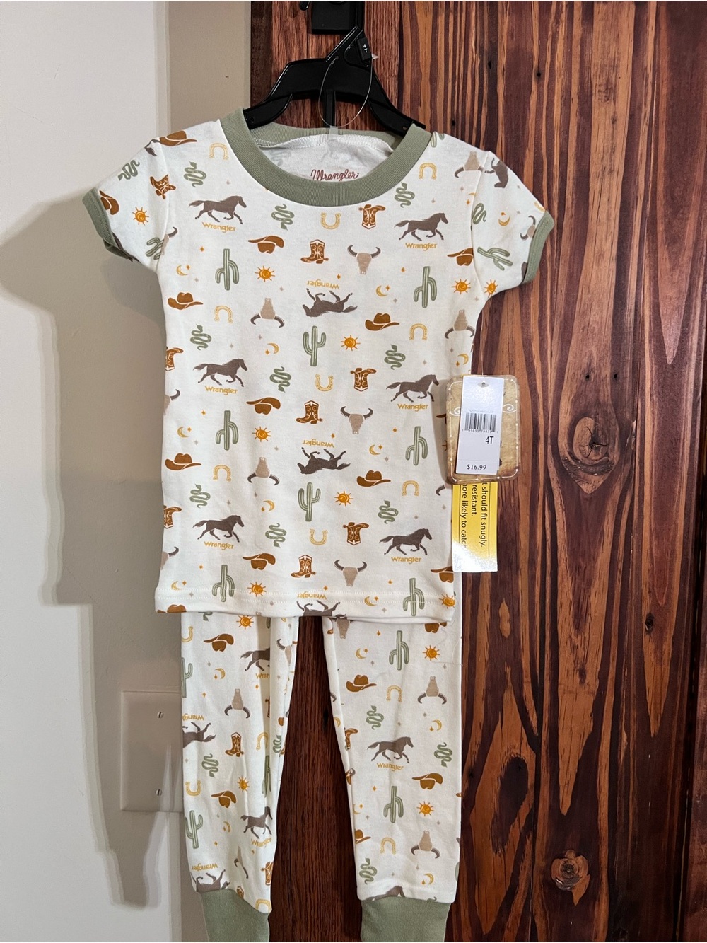 Wrangler Kids Western Horse Print Pajama Set - Cream & Green Trim